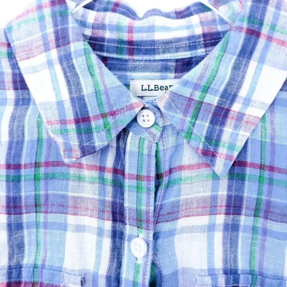 LL Bean Blue Purple Linen Stripe Button Down Shirt Women XS Xsmall Plaid Pretty - Picture 3 of 7